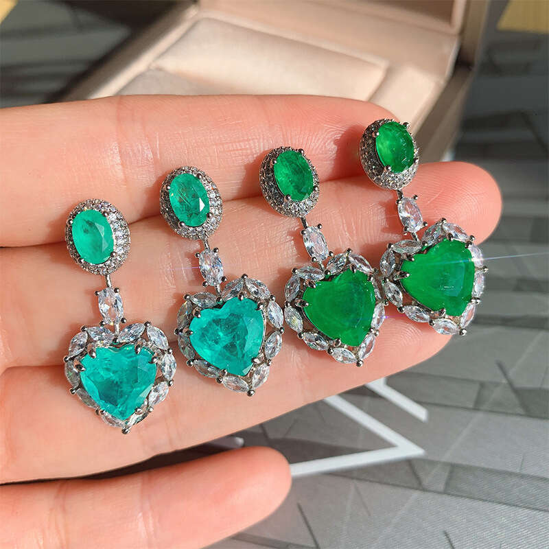 Heart Paraiba Socialite Imitation Emerald Micro Pave Zircon Earrings 2B7