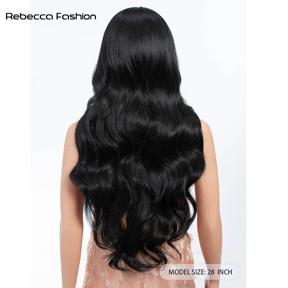 Rebecca Fashion Front High-definition T-Lace 28 Inch Synthetic High Temperature Fiber Resistant Body Wave 13*4*1 Lace Bangs Daily Party For Women