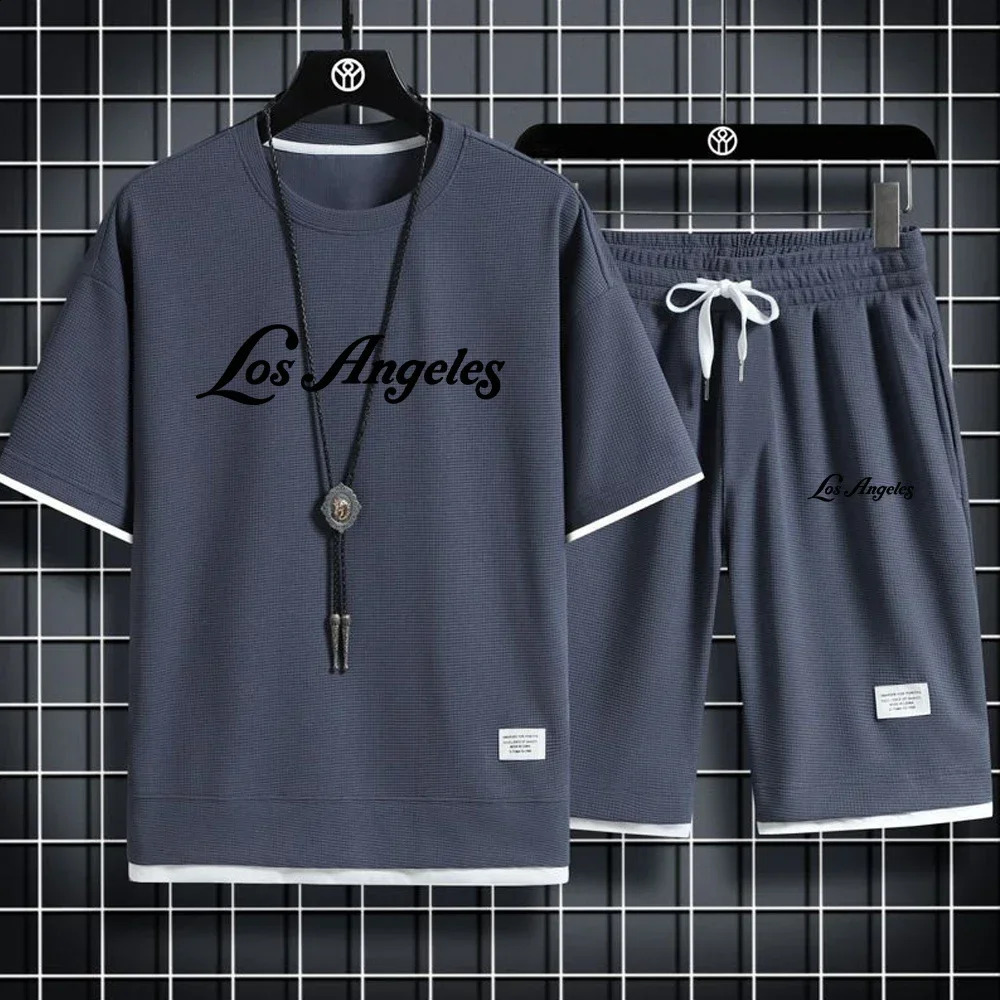 Sports Tshirt and Shorts Set Summer Mens Simple Casual Waffle Shaped Short Sleeved Set 250707