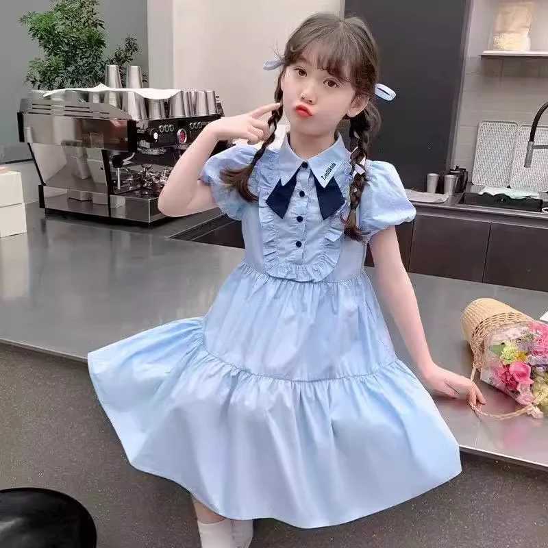 2025 New Summer Girls Dress Childrens College Style Gown Teenager Turn-down Collar Clothes Kids Fashion Short Sleeve Dresses R250707