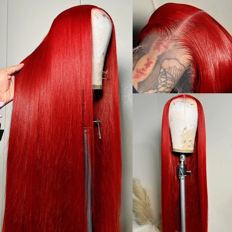 Brazilian Red Wig Bone Straight Color Simulation Really Human Hair Wig 200 Density 13x4 Lace Closure Wig HD Transparent Hair Synthetic Lace Front Wigs