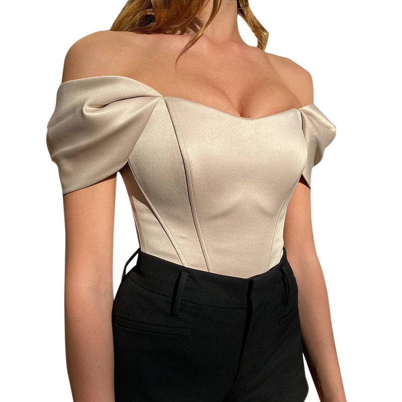 2025 Summer New Women's T-shirt Summer Fishbone Waist Strap Vest Satin Off Shoulder Women's T-shirt New Designer T-shirt