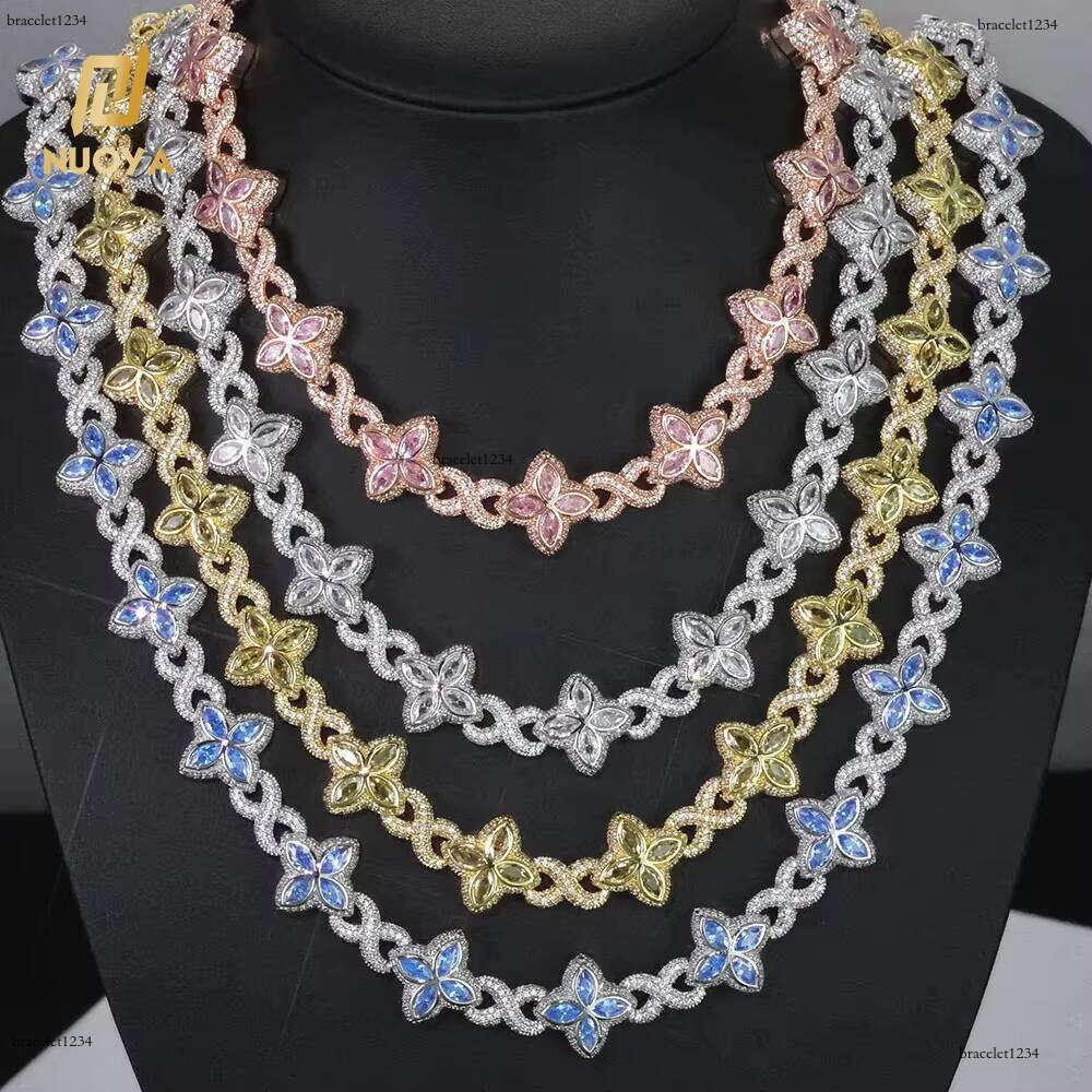 NUOYA Hip Hop Jewelry 8mm Colored Iced Out Dia Flower Infinite Symbol Chain Four Leaf Clover Necklace for Men Women