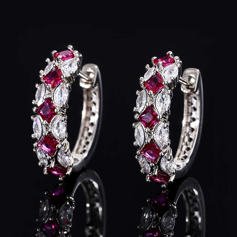 Huayoumei Jewelry Exquisite Emerald Zircon Hoop Exaggerated Row Earrings Inlaid Dia Red Tourmaline Ring 5Fc