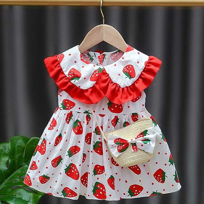 2-Piece Set Girls Dress Bag Summer Little Girl Big Collar Full of Strawberry Dot Printed Princess Dress R250707