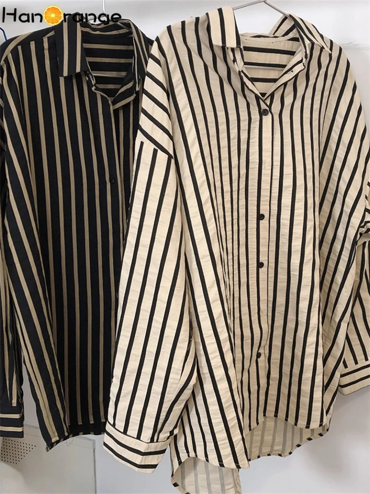 HanOrange Spring Autumn Vintage Striped Shirt Women Lapel Loose Lazy Comfortable Top Female White/Black 250616