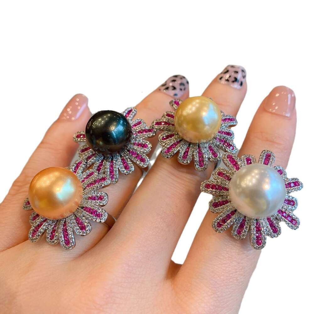 Tiktok Australian Mother-Of-Pearl Pearl Micro-Paved Red Ruby Fashion Adjustable Ring 0B6