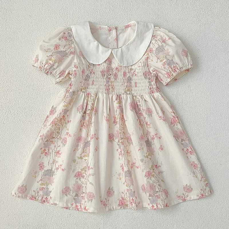 Fashion Girl Dress Pink Flowers Retro Lace Dress Cotton Princess Casual Round Neck Summer Dress New Sweet Kids Clothing R250707