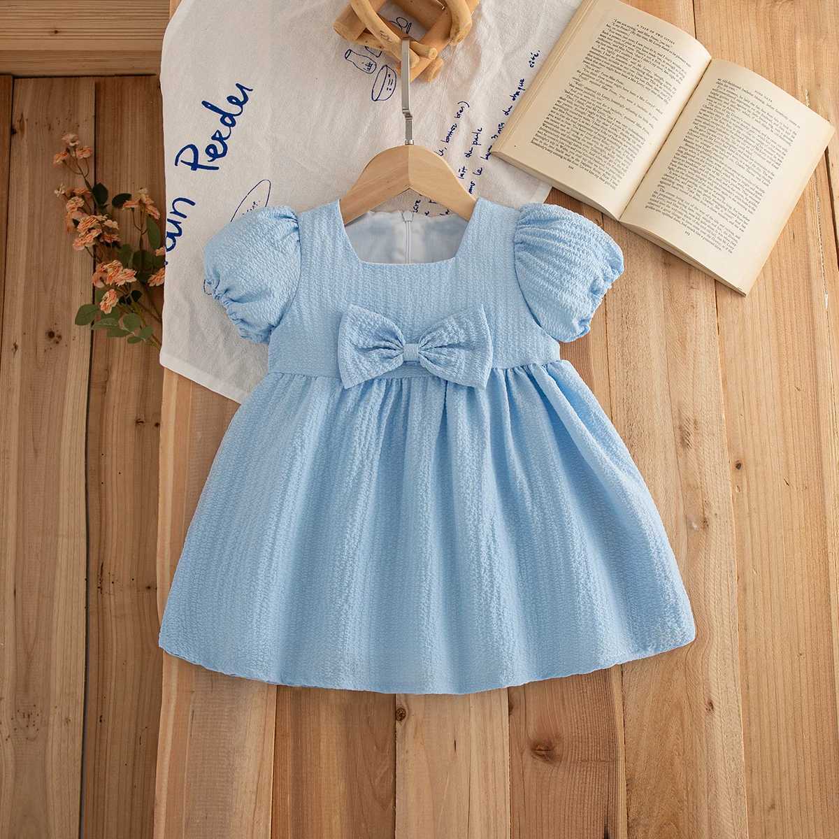 Baby Girl Dress Summer Bow Solid Color Square Neck Bubble Sleeve Simple Girls Dress Cute Casual Baby Girl Clothing R250707