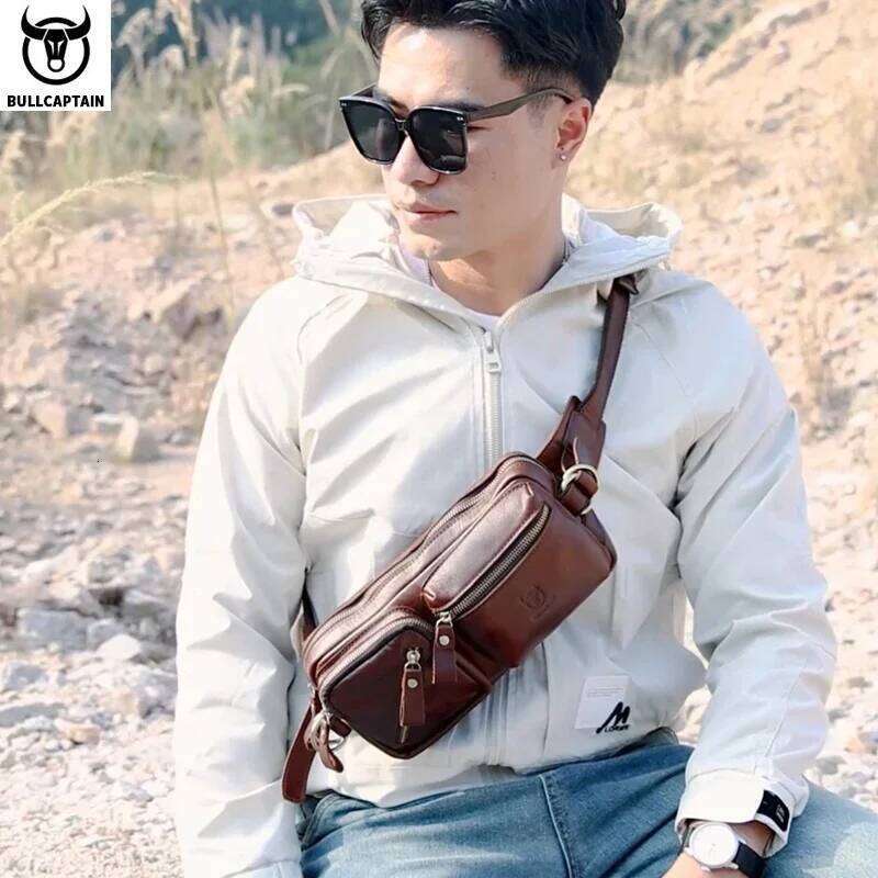 BULLCAPTAIN Men's Genuine Leather Chest Outdoor Sports Shoulder Multifunctional Large Capacity Waist Bag
