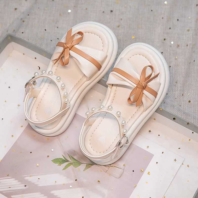 Girls Sweet Princess Sandals Soft Bottom Children Summer Beach Shoes Non-Slip Soft Sole Kids Flats Beading Sandals with Bow-knot R250707