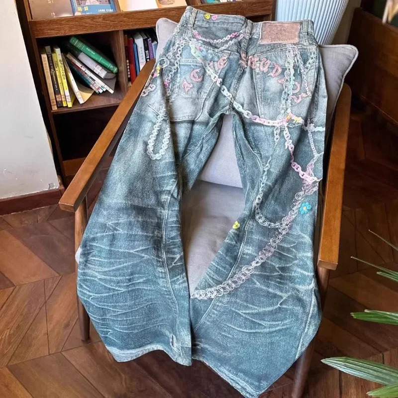 Casual American Hip-hop Washing Jeans Candy Chain 3D Printed Super Large Straight Wide-leg Pants Men Fashion Clothing Women 250707