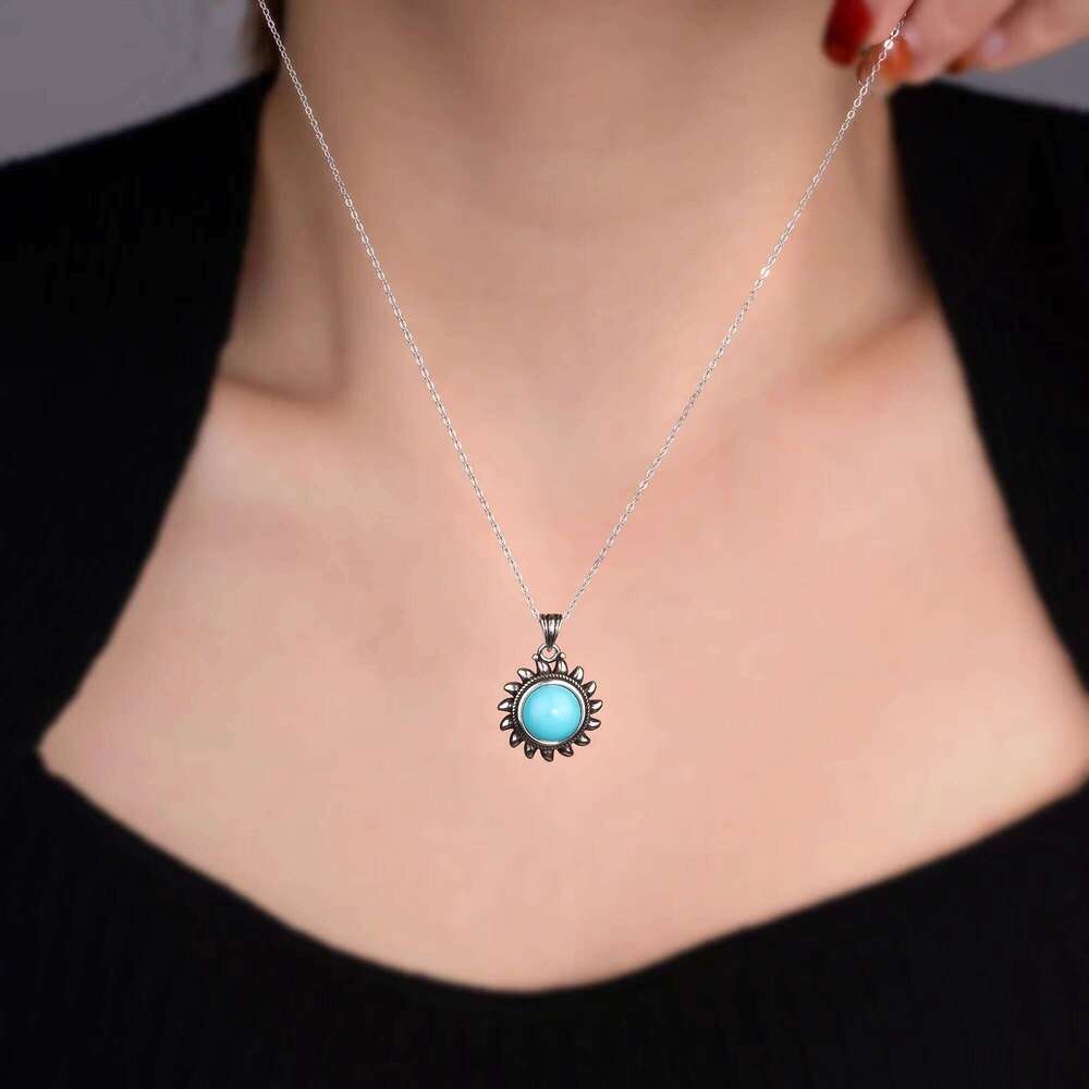 Round Natural Turquoise Sterling Sier Handmade Jewelry Necklace Engagement Party Anniversary Gift