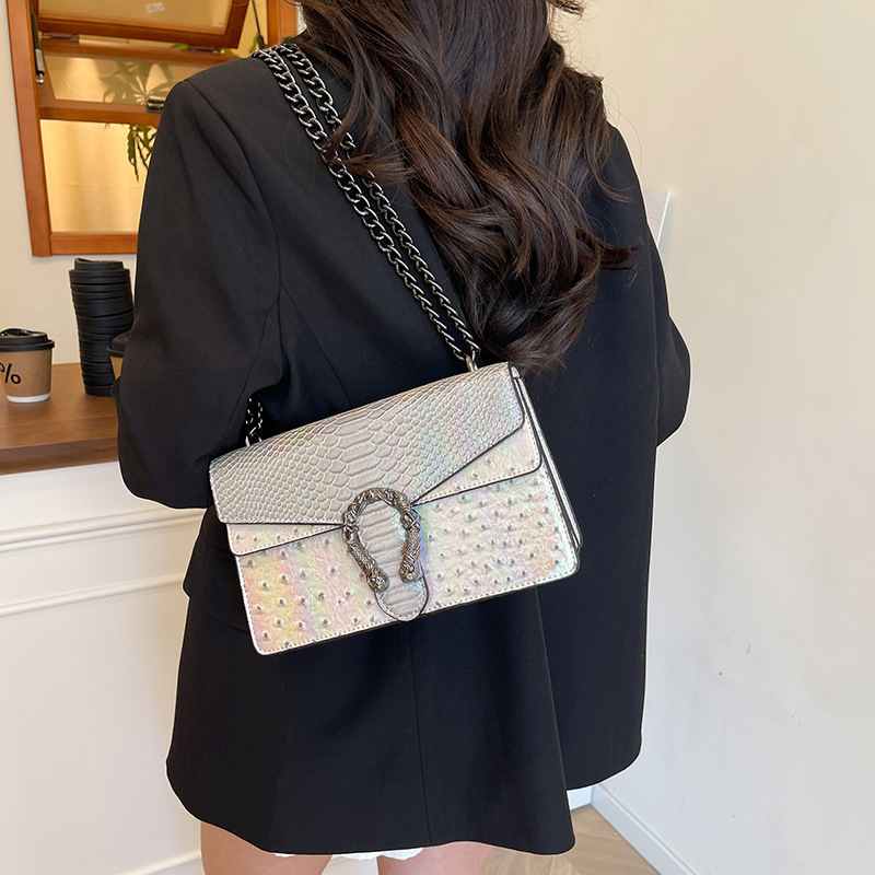 Designer Chain Crossbody Shoulder 2025 New Double Compartment Flap Small Square Crocodile Pattern Light Luxury Women's Bag