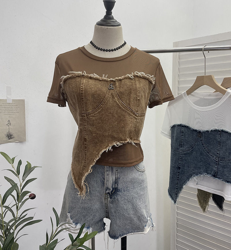 2025 Summer new women's T-shirt denim splicing niche short sleeved T-shirt summer fashion irregular high waist slim fit top new designer T-shirt
