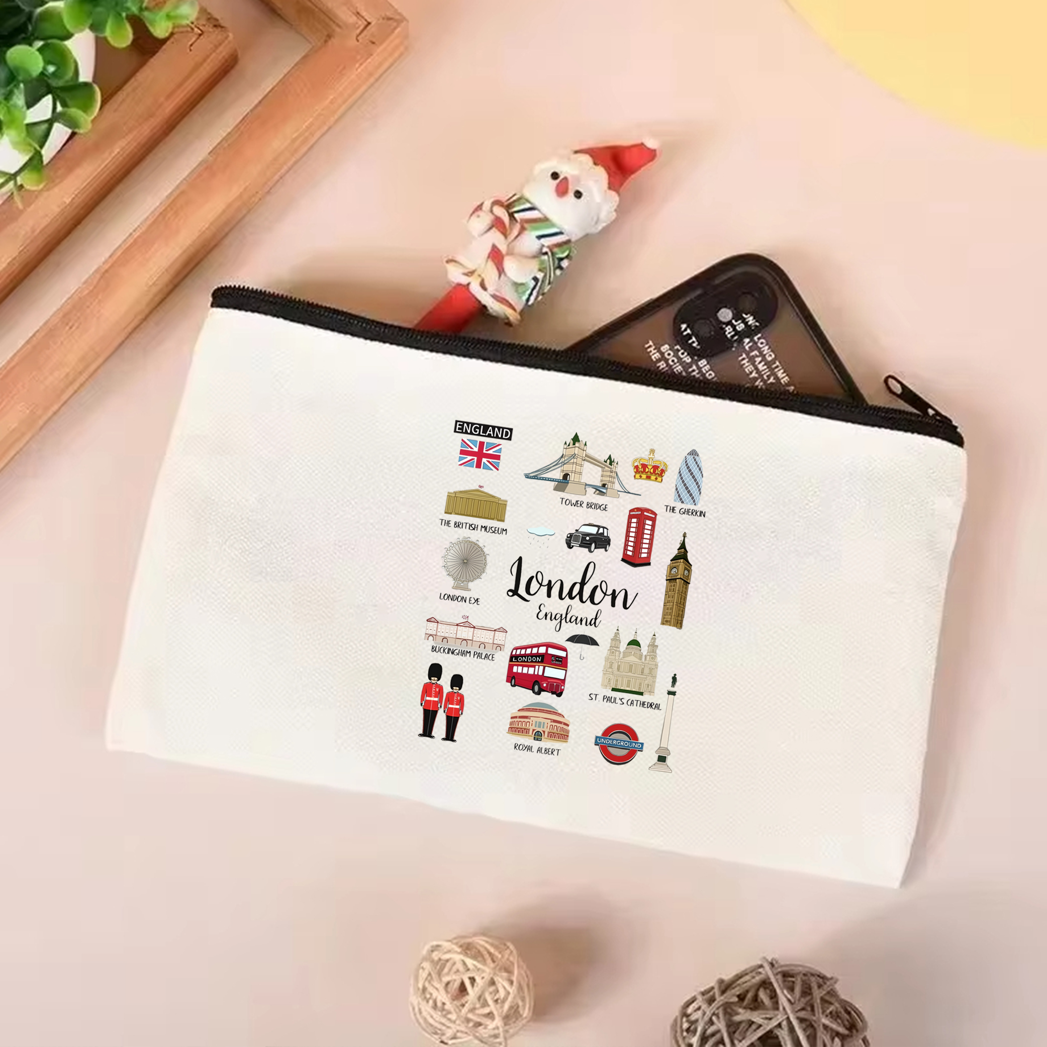 London Tote Bag London Travel Tote Bag Women's Casual Canvas tote bag London Zippered Cosmetic Bag London Landmarks Tote Bag