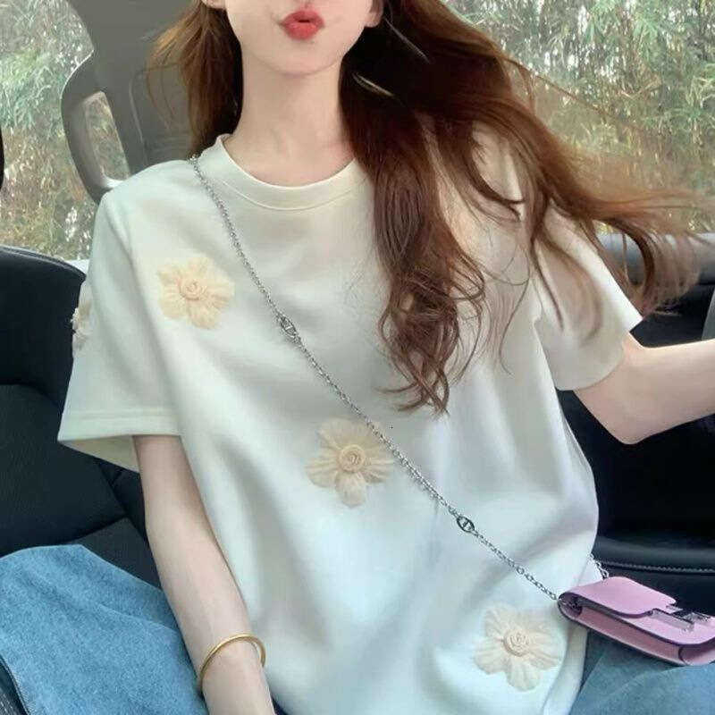 Plus Size Korean Style 3D Flower Short Sleeve T-Shirt For Women Summer New Loose Age-Reducing Regular Shoulder Top Trendy B5