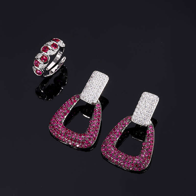 Huayoumei Jewelry Trapezoidal Ring Red Corundum Earrings Sier Needle Ins Fashion High-End Set 688