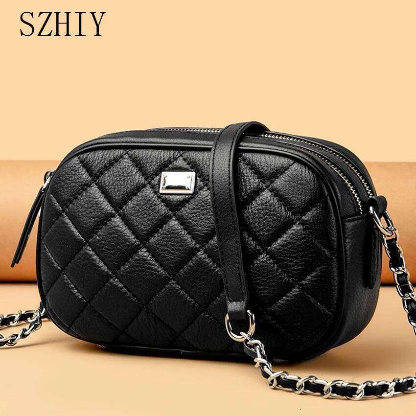 100% Genuine Leather Single Shoulder Crossbody Purse Cowhide Small Fragrant Wind Dia Grid Chain Tofu Premium Camera Bag