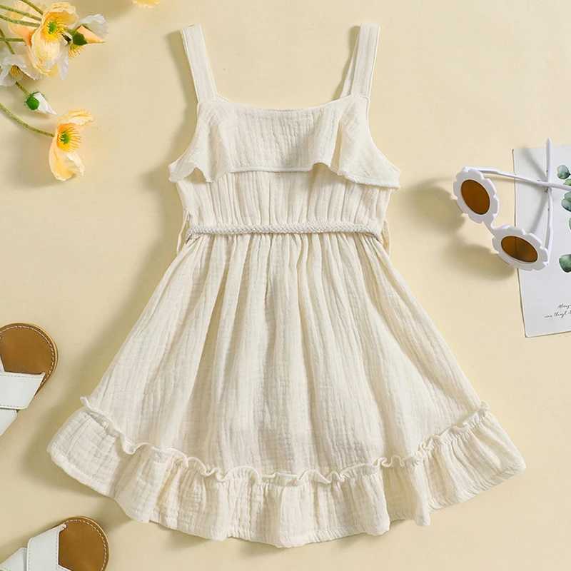 2024-05-07 Lioraitiin Baby Girl Summer Dress Casual Sleeveless Square Neck Belted Dress Toddler A-Line Dress R250707