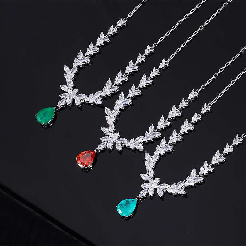Luxurious Red Corundum Pendant Zircon Clavicle Chain Dress Evening Jewelry Colorful Gem Necklace 4A3