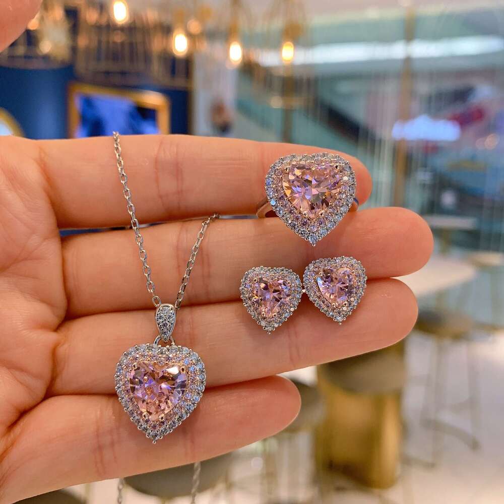 Tiktok Live Pink Heart Necklace Heart-Shaped Zircon Jewelry Three-Piece Set For Women 12E