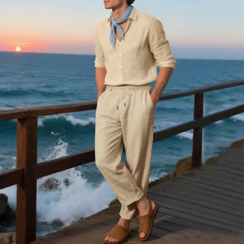 Vintage Solid Color Long Sleeve Outfits For Mens Spring Summer Casual Linen Shirt And Pants Men Two Piece Suits Fashion Sets 250707
