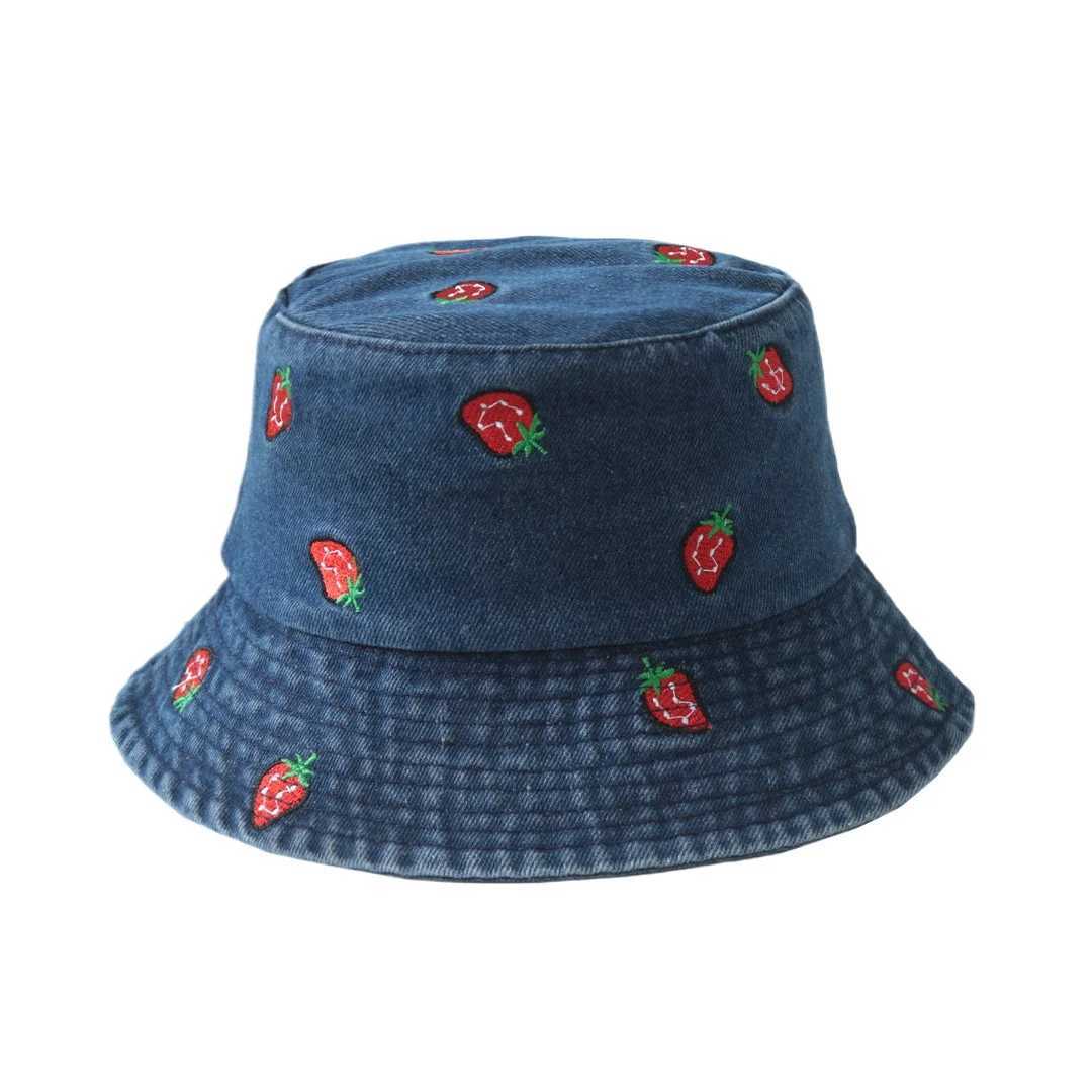 New Summer Denim Bucket Hat for Women Embroidery Watermelon Cherry Strawberry Outdoor Sunshade Fisherman Cap Men Best Matched Y250707