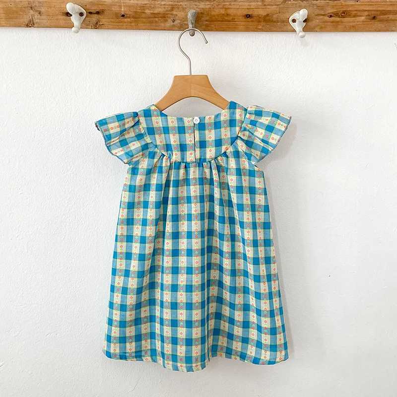 New Girls Flower Print Princess Dresses Baby Embroidery Party Dress with Wooden Ear Edge Plaid Casual Kids Clothes Fashion Summer Wear R250707