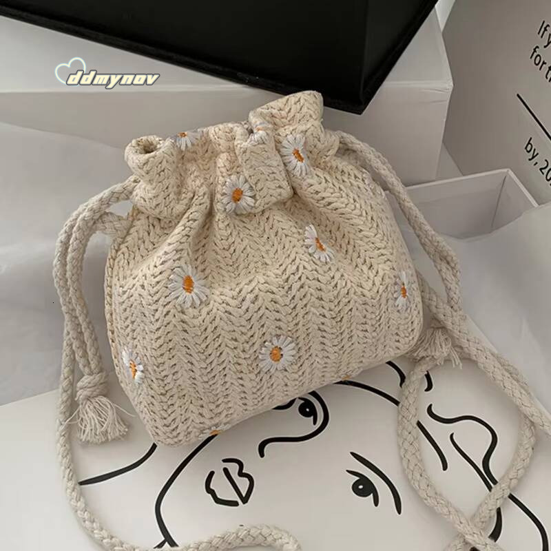 Straw Weave Bucket Rattan Women Summer Beach Bags Totes Casual Handbags Retro Mini Shoulder Messenger Bag ddmynov