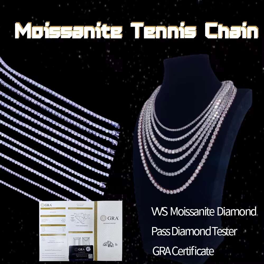 Hip Hop 14k 2mm 3mm 4mm 5mm 6mm Tennis Chain Sterling Silver VVS Diamond Necklace Moissanite Tennis Chain
