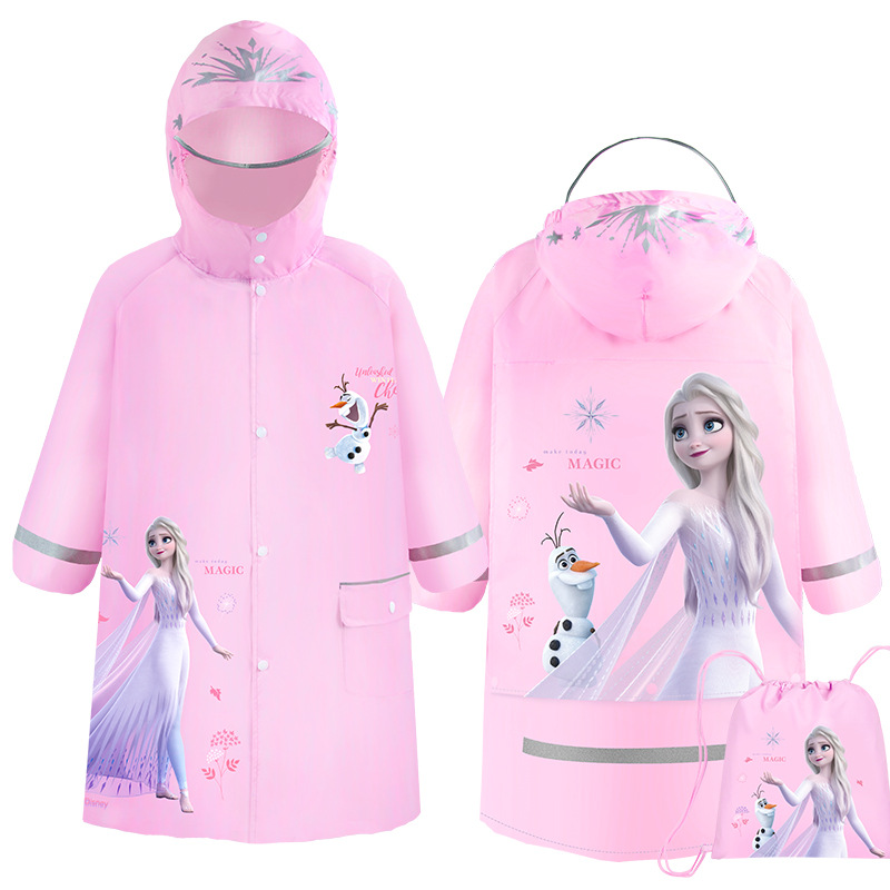 Disney Boys and girls raincoat Elsa princess backpack with large brim reflective strip design for night safety on large raincoat backpack position Com