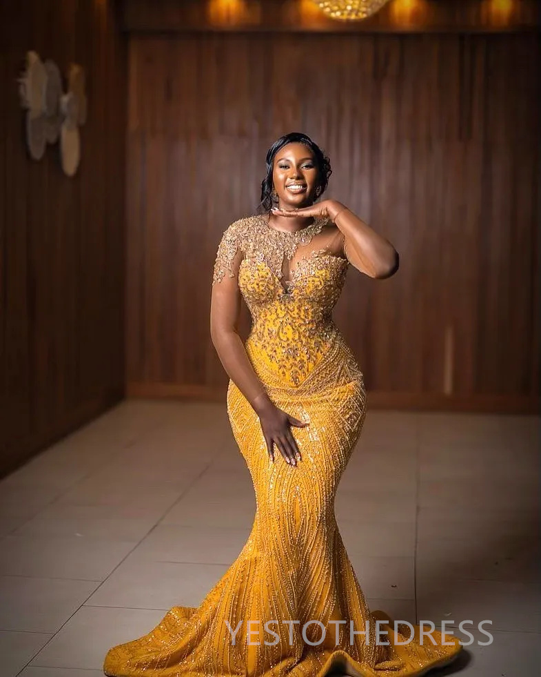 2025 Plus Size Gold Aso Ebi Prom Dress African Mermaid Prom Dresses Evening Formal Gowns Long Sleeves Beaded Lace Crystal Birthday Dress Second Recept