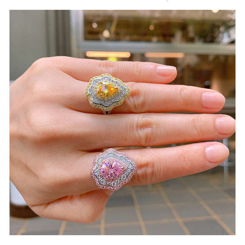 New Pink Diamond Micro Pave Pear Shape Colorful Jewelry Exaggerated Zircon Ring For Women 6Da