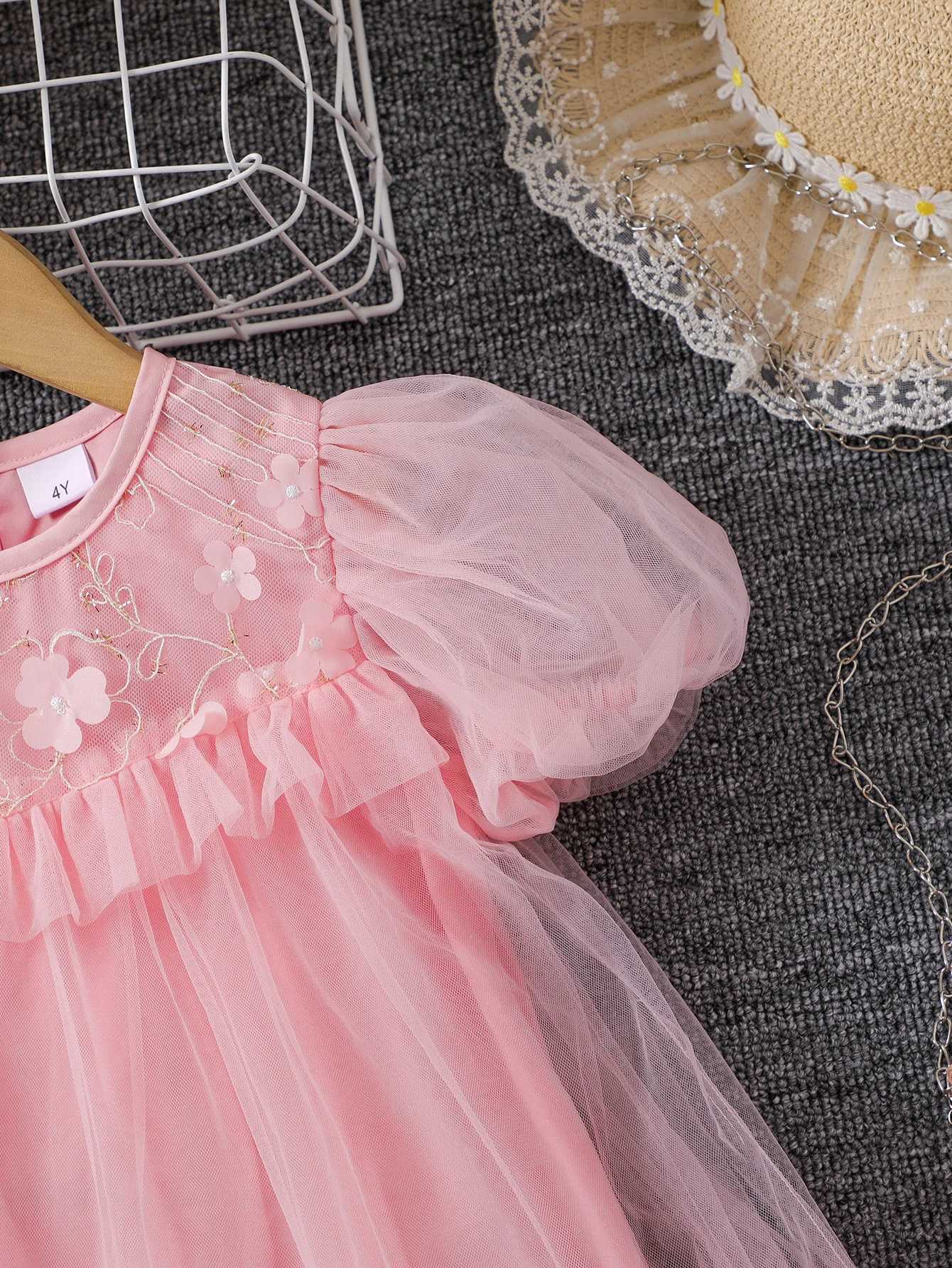 1 high-end flower-embroidered puffy tulle fashionable lady princess dress for girls in summer R250707