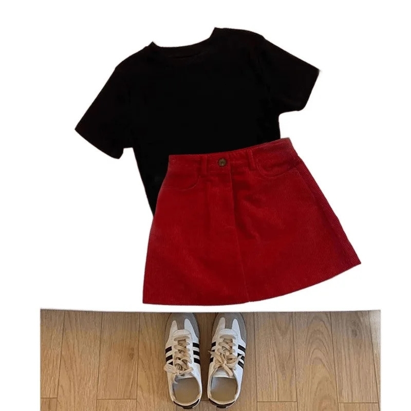 Summer Womens Fashion plus Size Korean Style Red Short Sleeve Top And Half Skirt Two Piece Set Slimming Effect Ensemble 250611