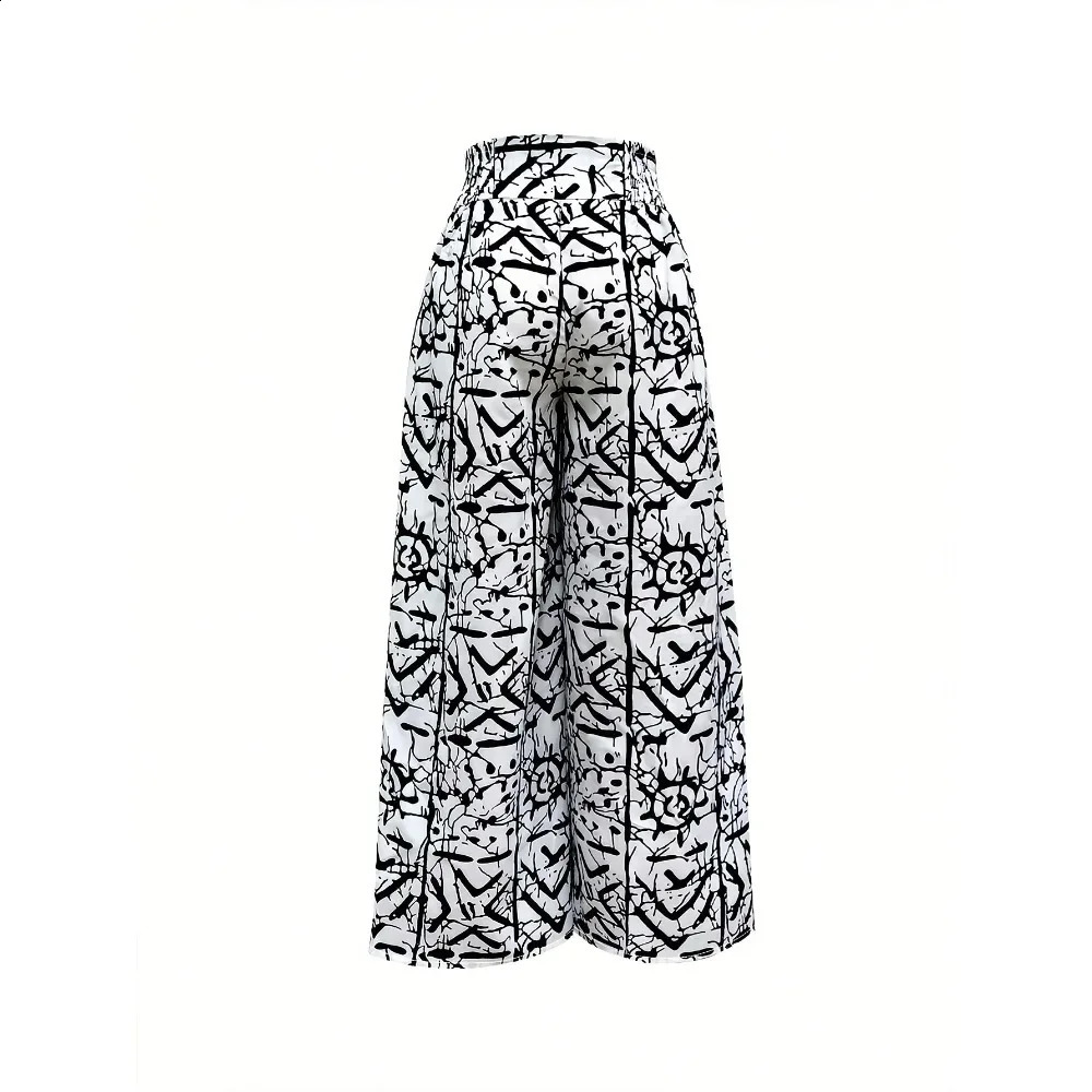 Plus Size 1XL5XL Womens Drawstring High Waisted Printed Wide Leg Pants Female Casual Elegant Loose Long Trousers 250628