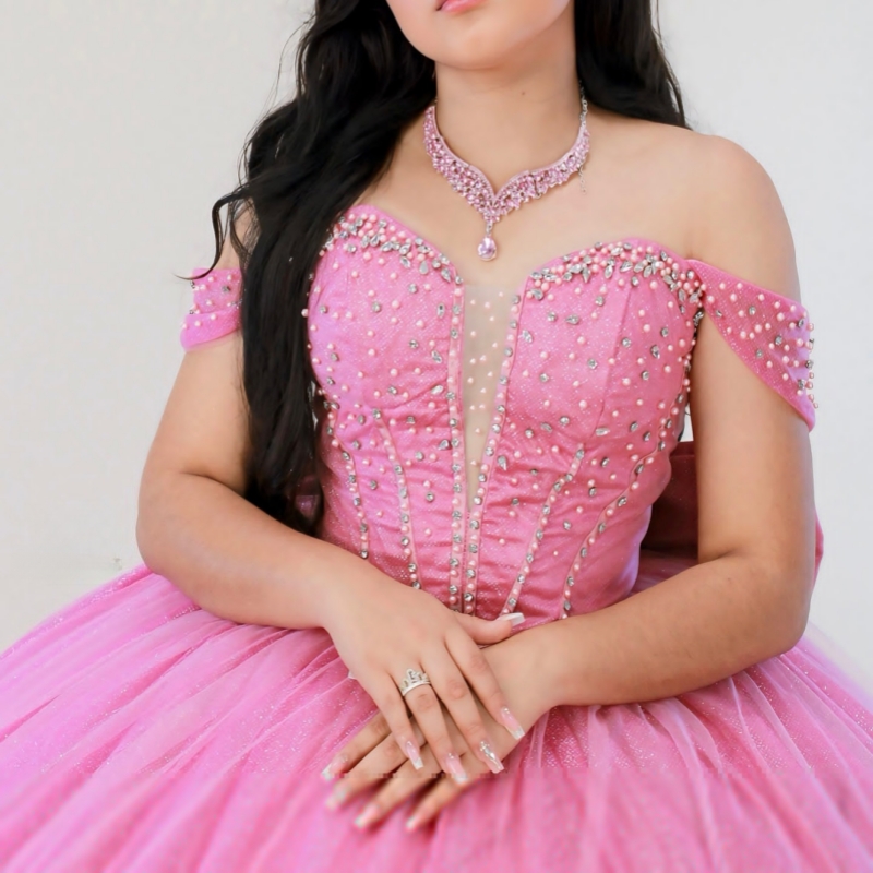 Pink Shiny Quinceanera Dresses Ball Gown Off The Shoulder Beading Crystal Tull Corset Party Birthday Sweet 16 Dress Vestidos 15 Anos