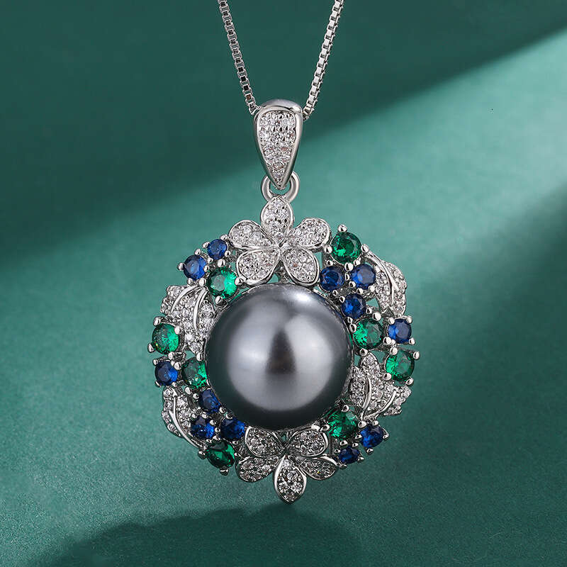 Gray Ring Tahitian Deep Sea Emerald Zircon Flower Necklace Pearl Stud Earring Set Jewelry For Women 8Ba