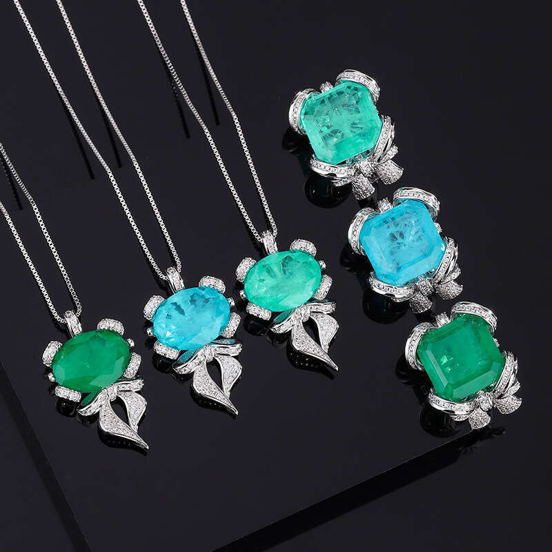 Pendant Set Imitation Gemstone Paraiba Emerald Adjustable Ring Jewelry For Women 280