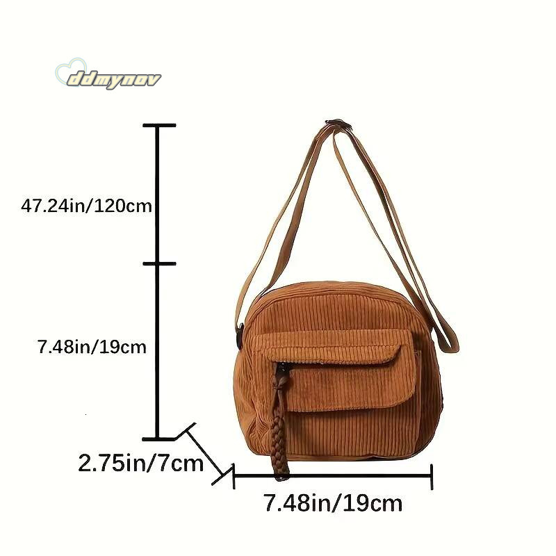 Corduroy Crossbody Bag for Women Casual Harajuku Style Zipper Closure Adjustable Strap Multi Pockets Polyester Lining Beige ddmynov