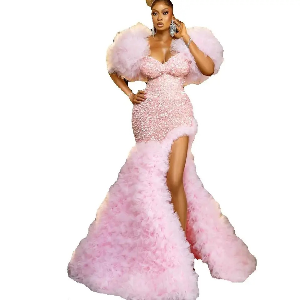Puffy Tiered Ruffle Evening Dresses Sexy Sequined Short Sleeve Prom Dress Side High Split Party Gown Customized