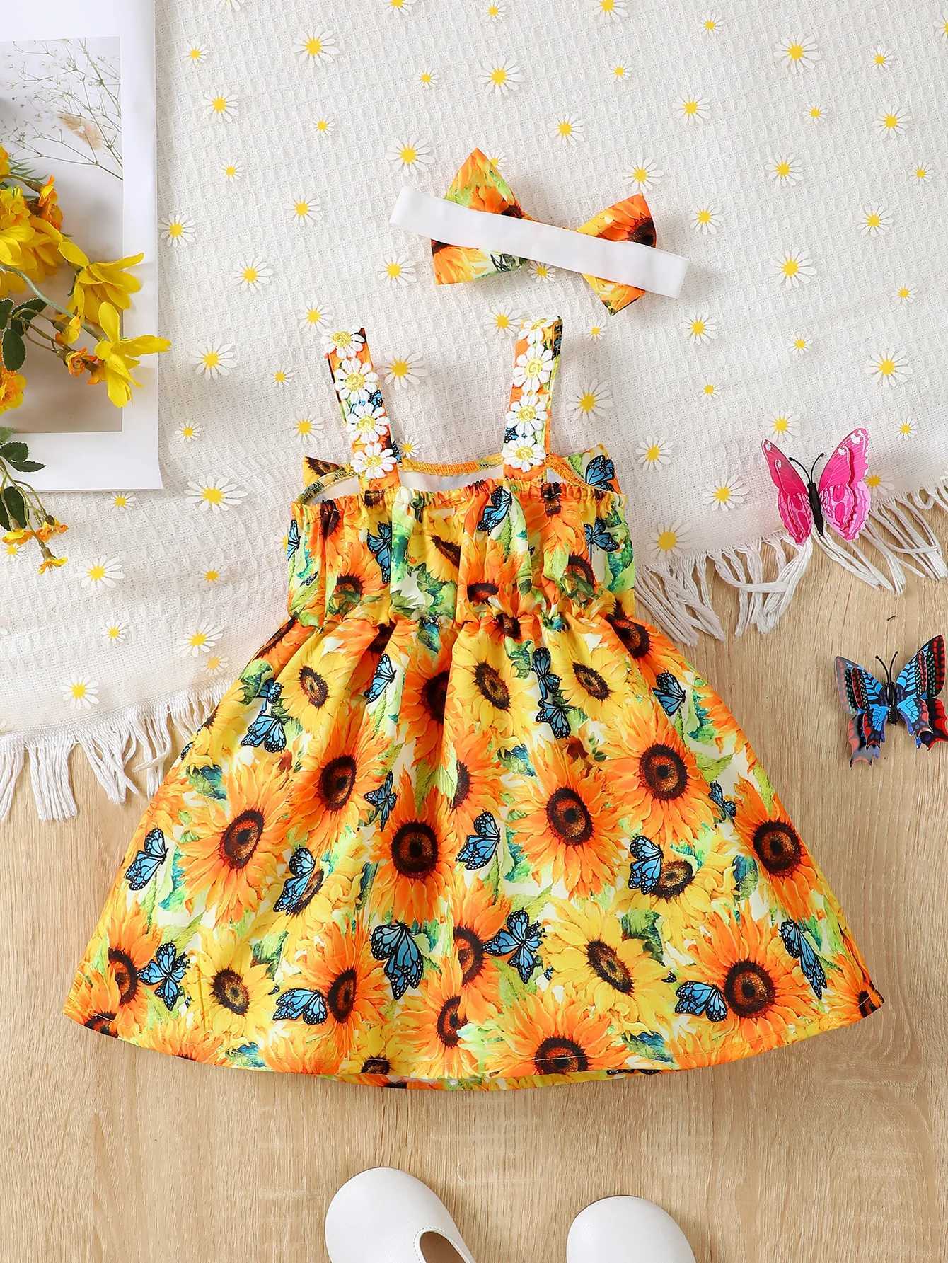 Baby Girl Summer Fashion Vacation Romantic Sunflower Flower Lace Suspender Big Bow Dress R250707