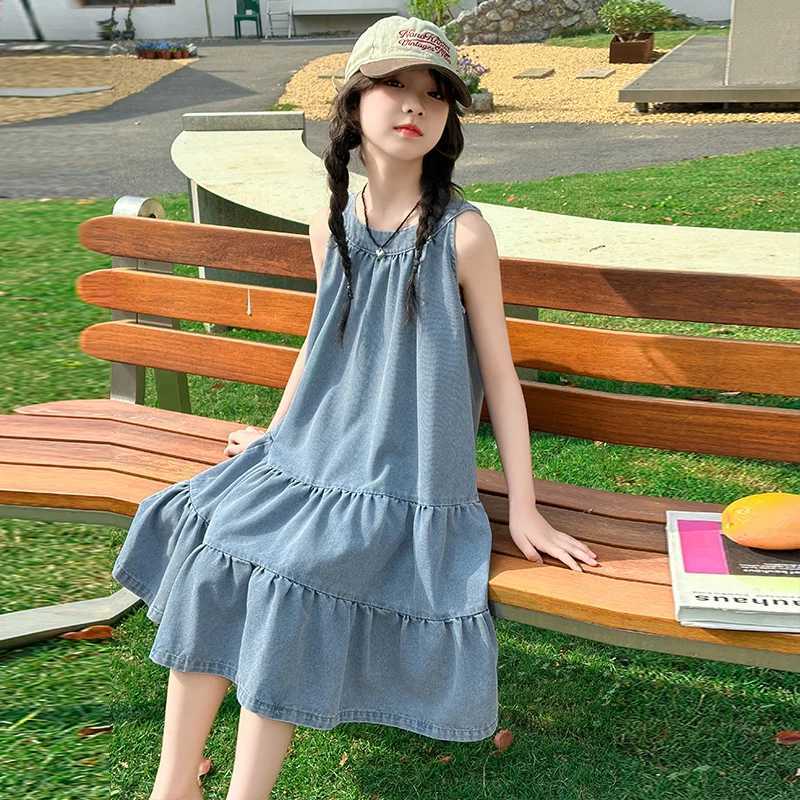 Girls Summer Dress 2025 New Style Children Stylish Denim Vest Skirt Princess Skirt Girls Summer Loose Thin 5-15 Years Old R250707