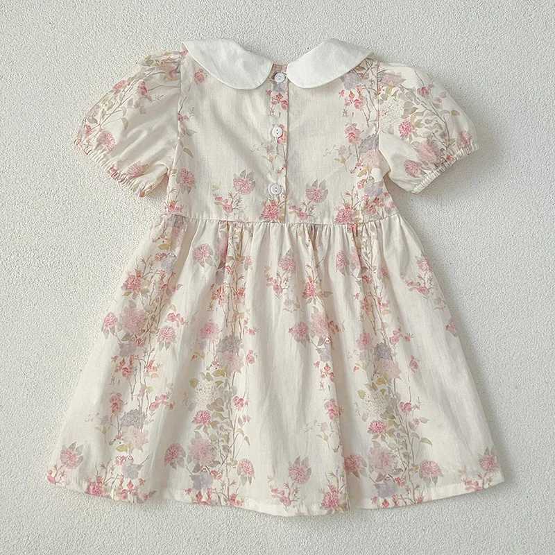 Fashion Girl Dress Pink Flowers Retro Lace Dress Cotton Princess Casual Round Neck Summer Dress New Sweet Kids Clothing R250707