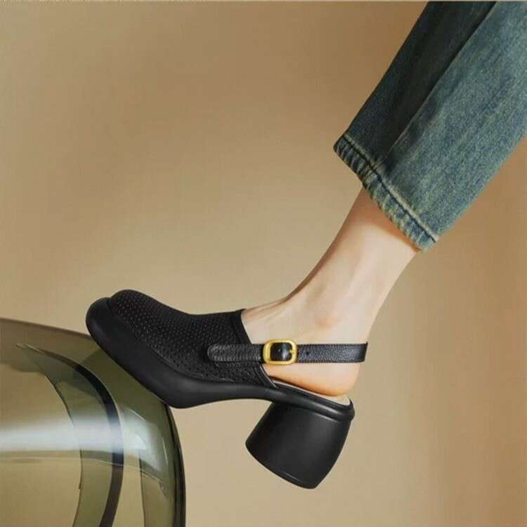 2025 Summer Peep-Toe Platform Thick-Soled Hollow Sandals with Chunky Heels, Round Toe, One-Strap Backless Roman Style Women's Shoes