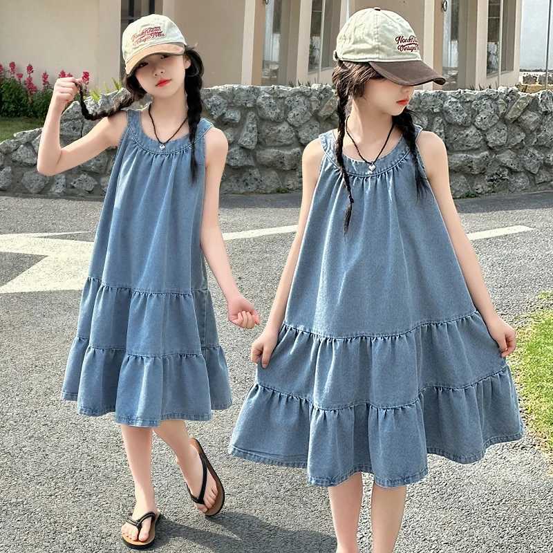Girls Summer Dress 2025 New Style Children Stylish Denim Vest Skirt Princess Skirt Girls Summer Loose Thin 5-15 Years Old R250707