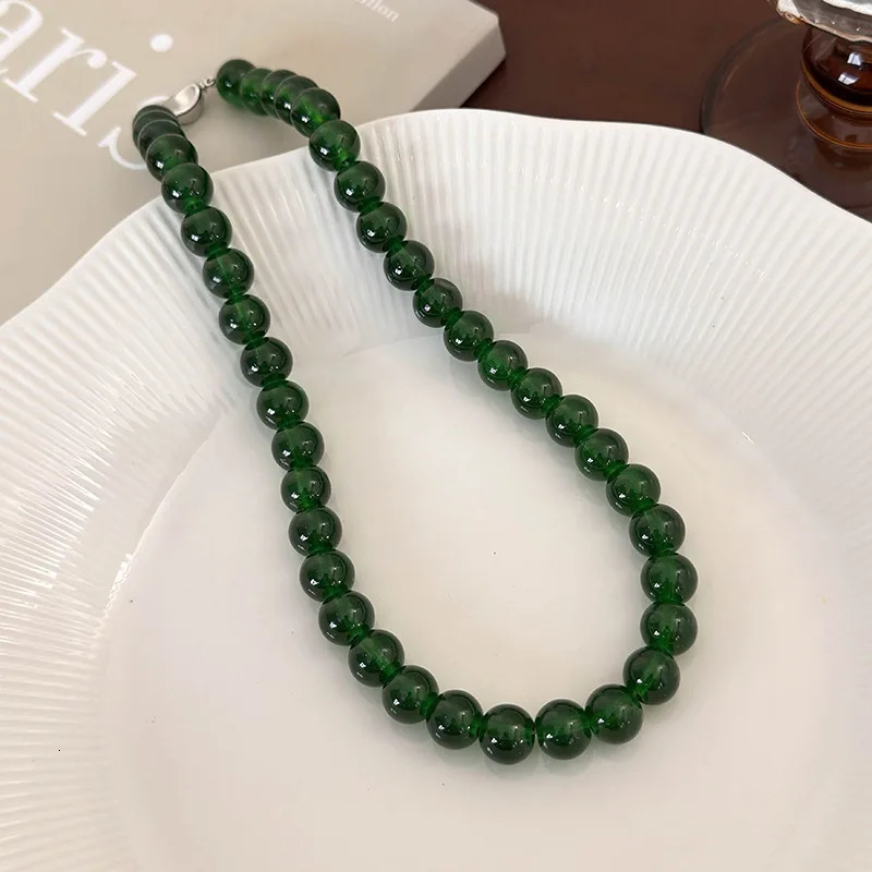 Minar 2025 4 6 8 10mm Green Color Glass Beads Strand Beaded Necklace for Women Female Silver Plated Toggle Clasp Chokers 250704