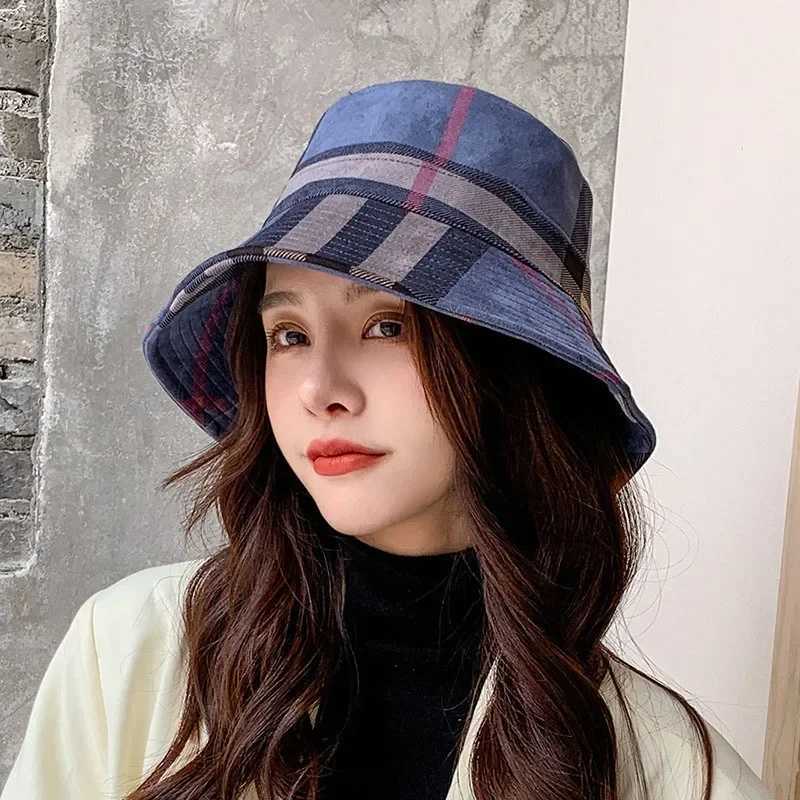 Women Bucket Hats Fishermans Hat Foldable Plaid Pattern Sun Hats Japanese Casual Winter Warm Fashion Tie-Dye Caps Y250707