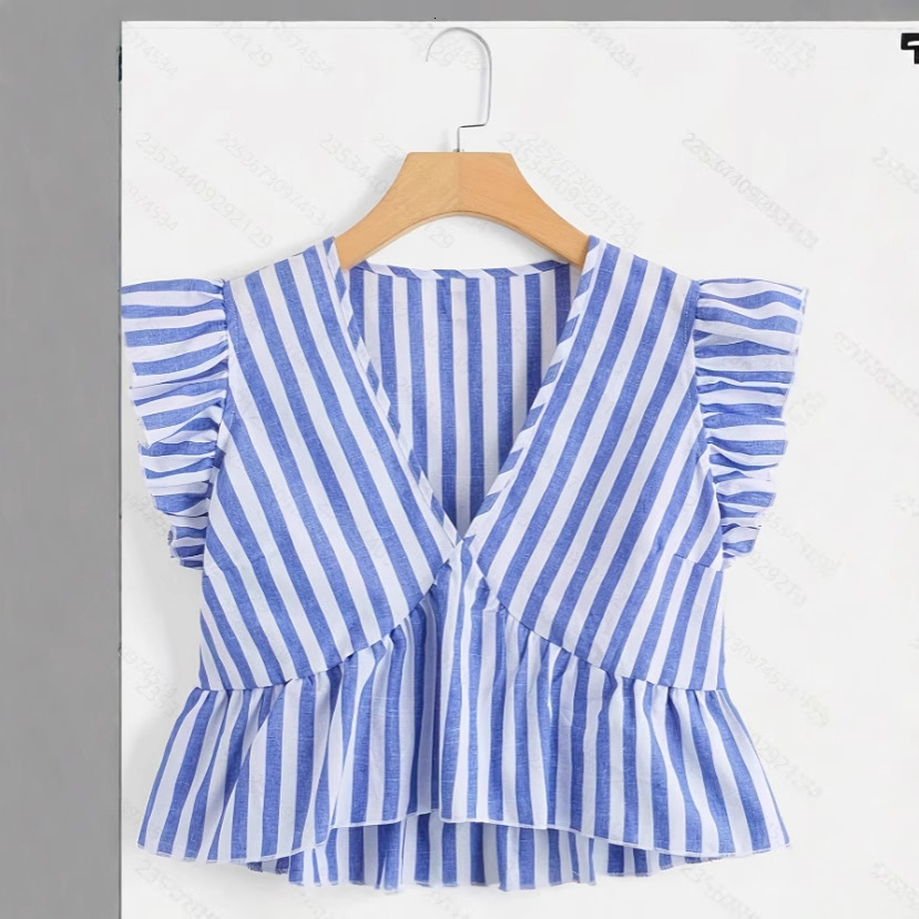 2025 summer new women's T-shirt V-neck ruffle and ruffle edge T-shirt fresh temperament striped decoration new designer T-shirt
